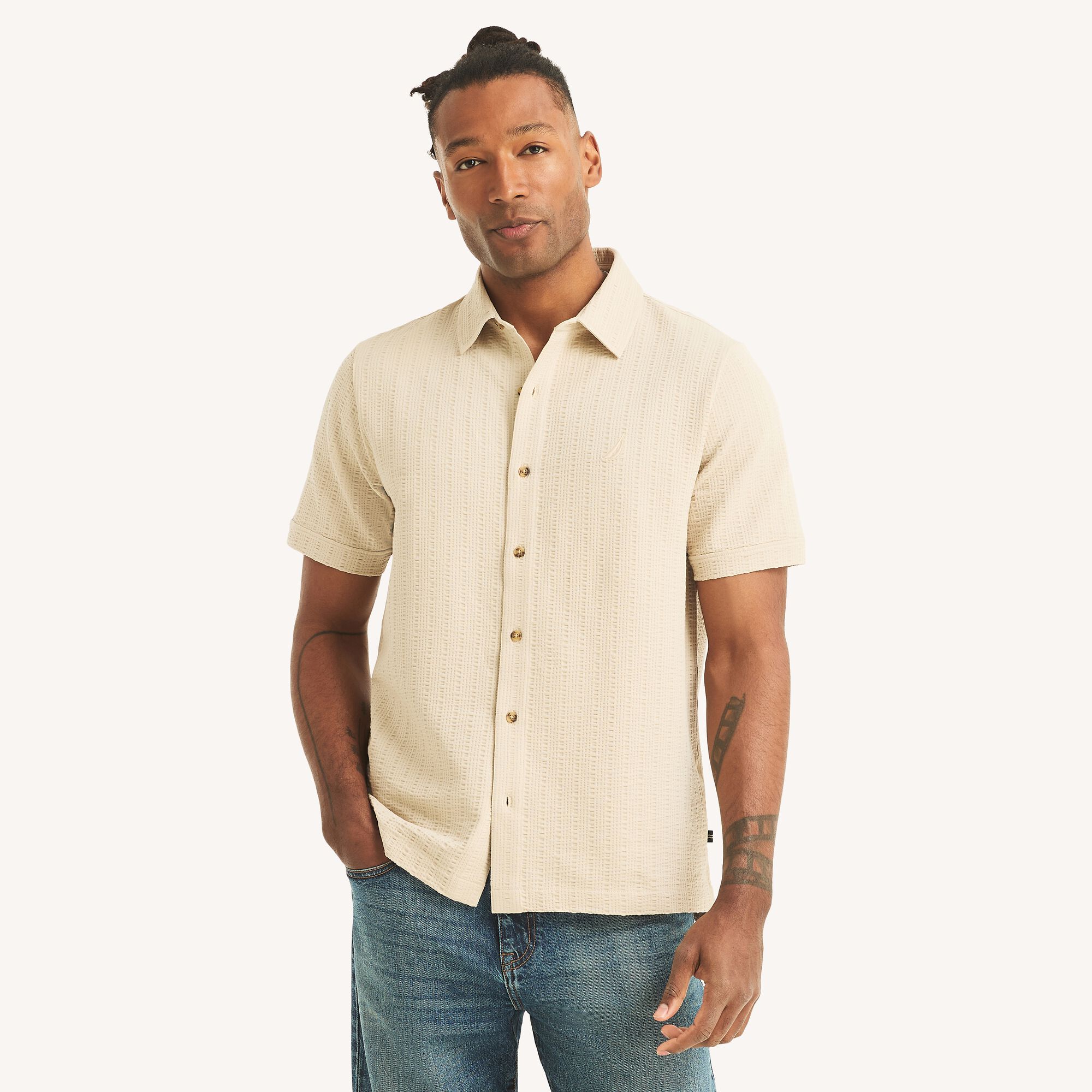 Classic Fit Seersucker Button-Front Polo,Woodsage,large