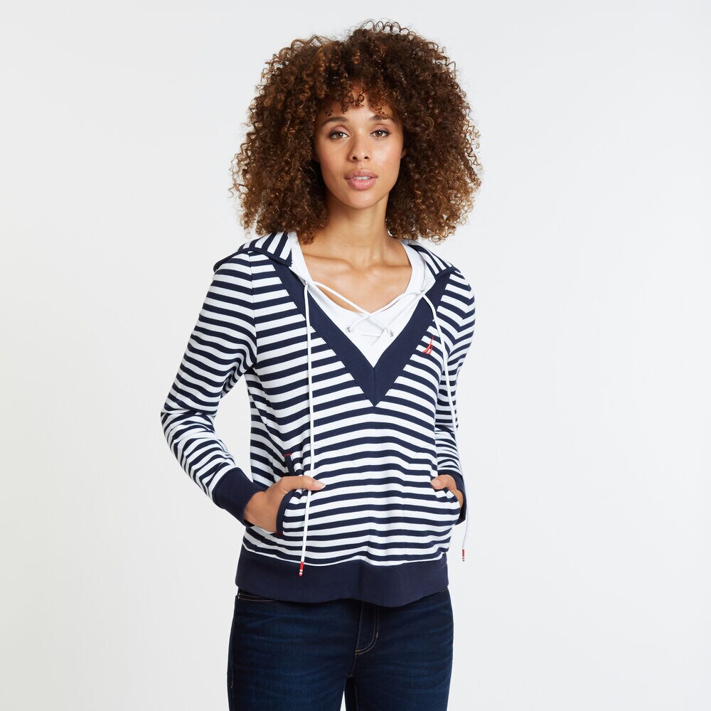 Striped Lace-Up V-Neck Hoodie,Stellar Blue Heather,large