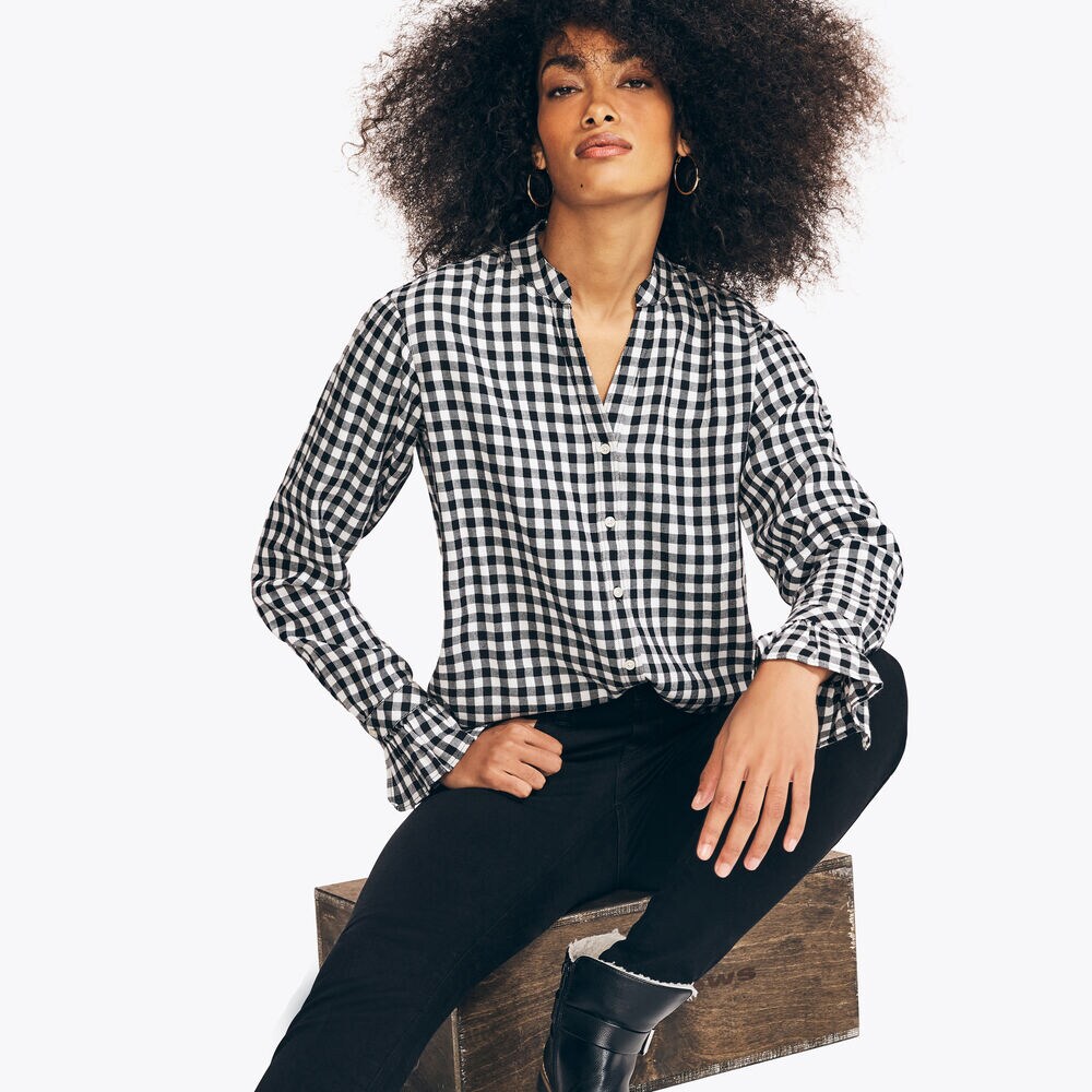 RUFFLE PLAID SHIRT,True Black,large