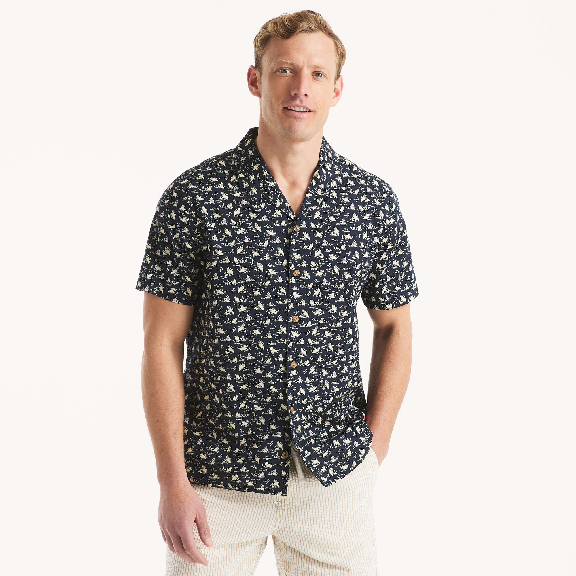 JAWS x Nautica Printed Short-Sleeve Camp Shirt,Stellar Blue Heather,large
