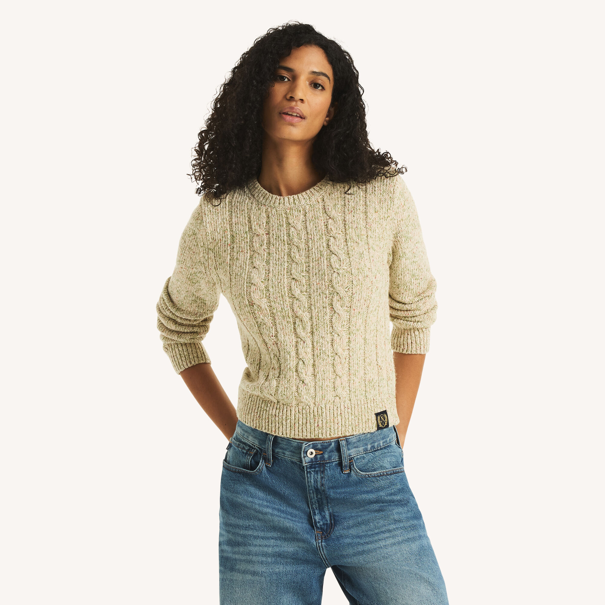 Marled Crewneck Cable Sweater,Bimini Green,large