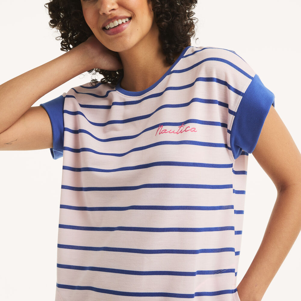 Striped Sleep Dress,New Pink,large