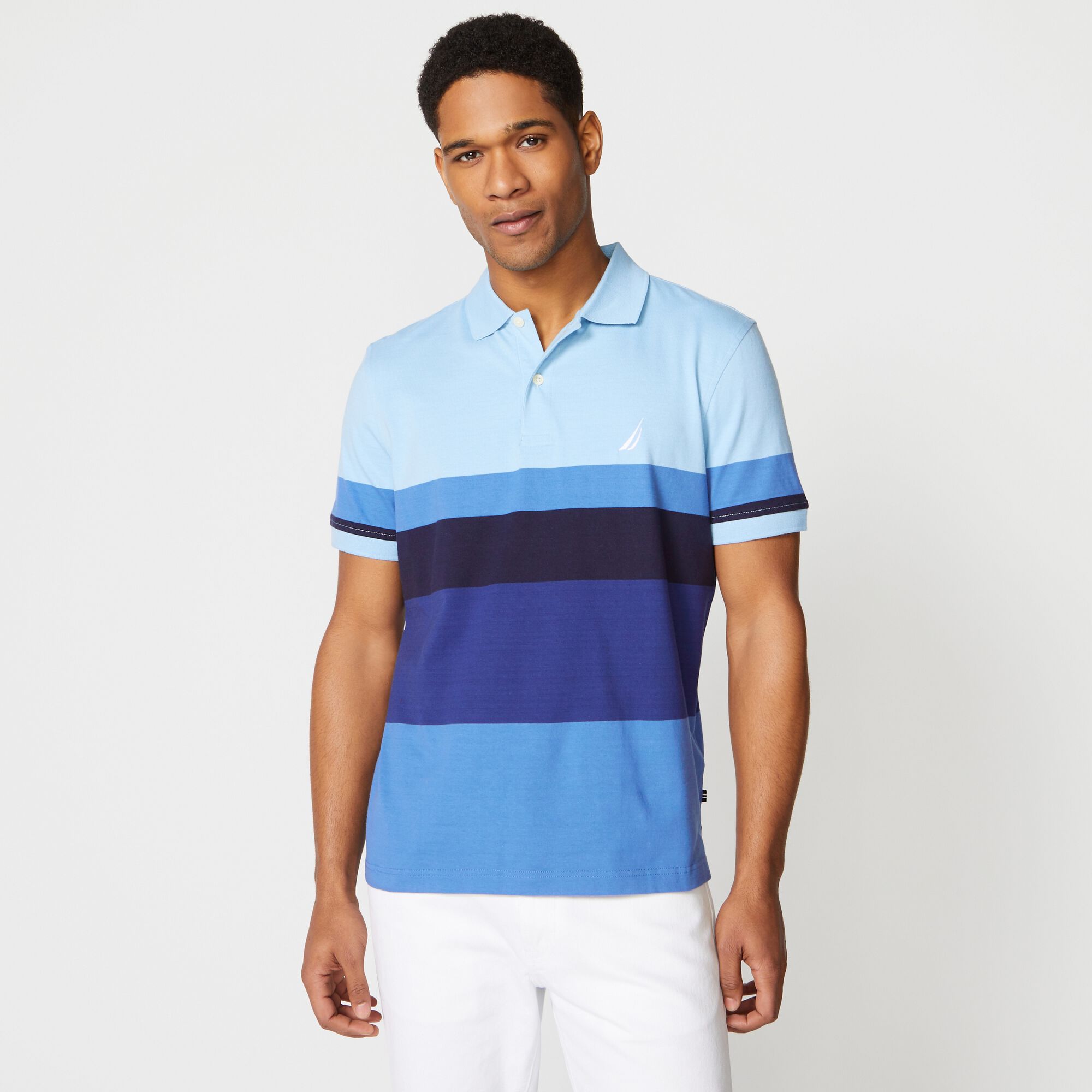 PREMIUM COTTON COLORBLOCK STRIPE POLO,Gulfcoast Blue Heather,large