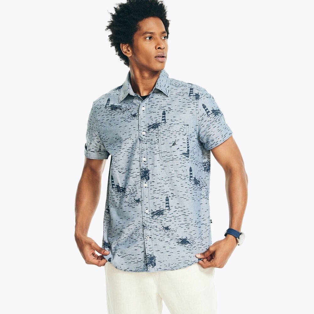 PRINTED CHAMBRAY SHORT-SLEEVE SHIRT,Lapis Blue,large