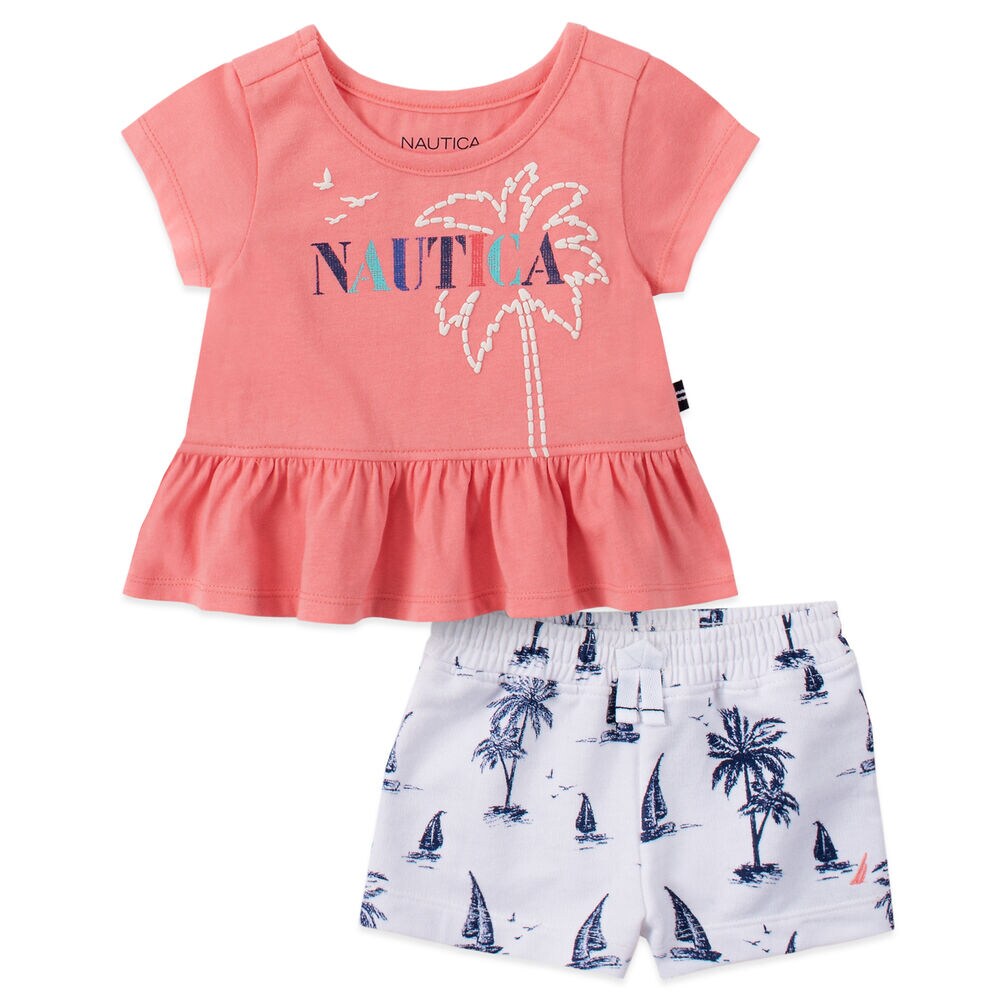 TODDLER GIRLS' GRAPHIC RUFFLE T-SHIRT 2PC SHORT SET (2T-4T),Coral Resort,large