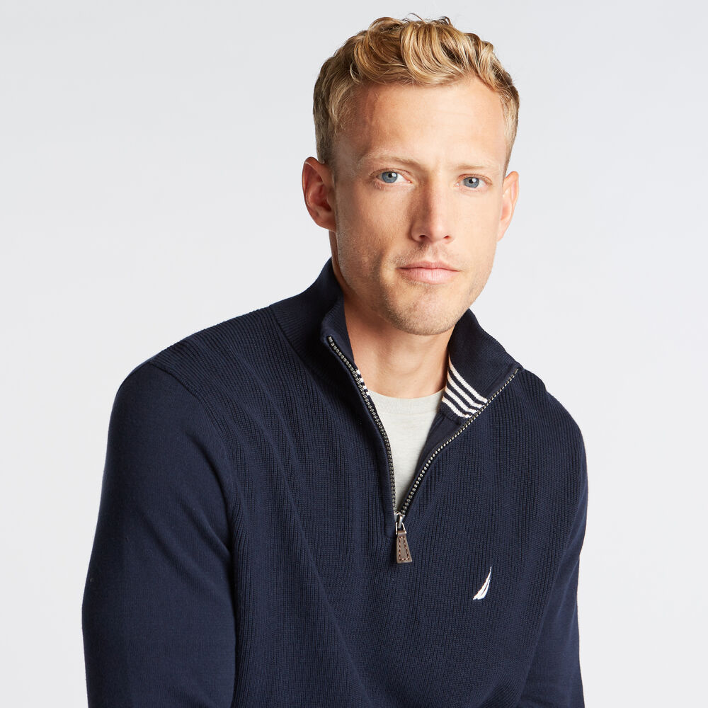 RIBBED-FRONT QUARTER-ZIP SWEATER,Navy,large