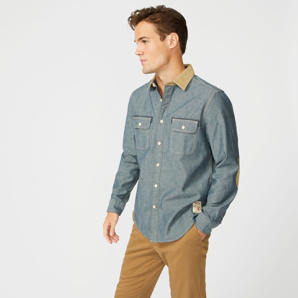 DENIM ELBOW PATCH SHIRT,Navy,large