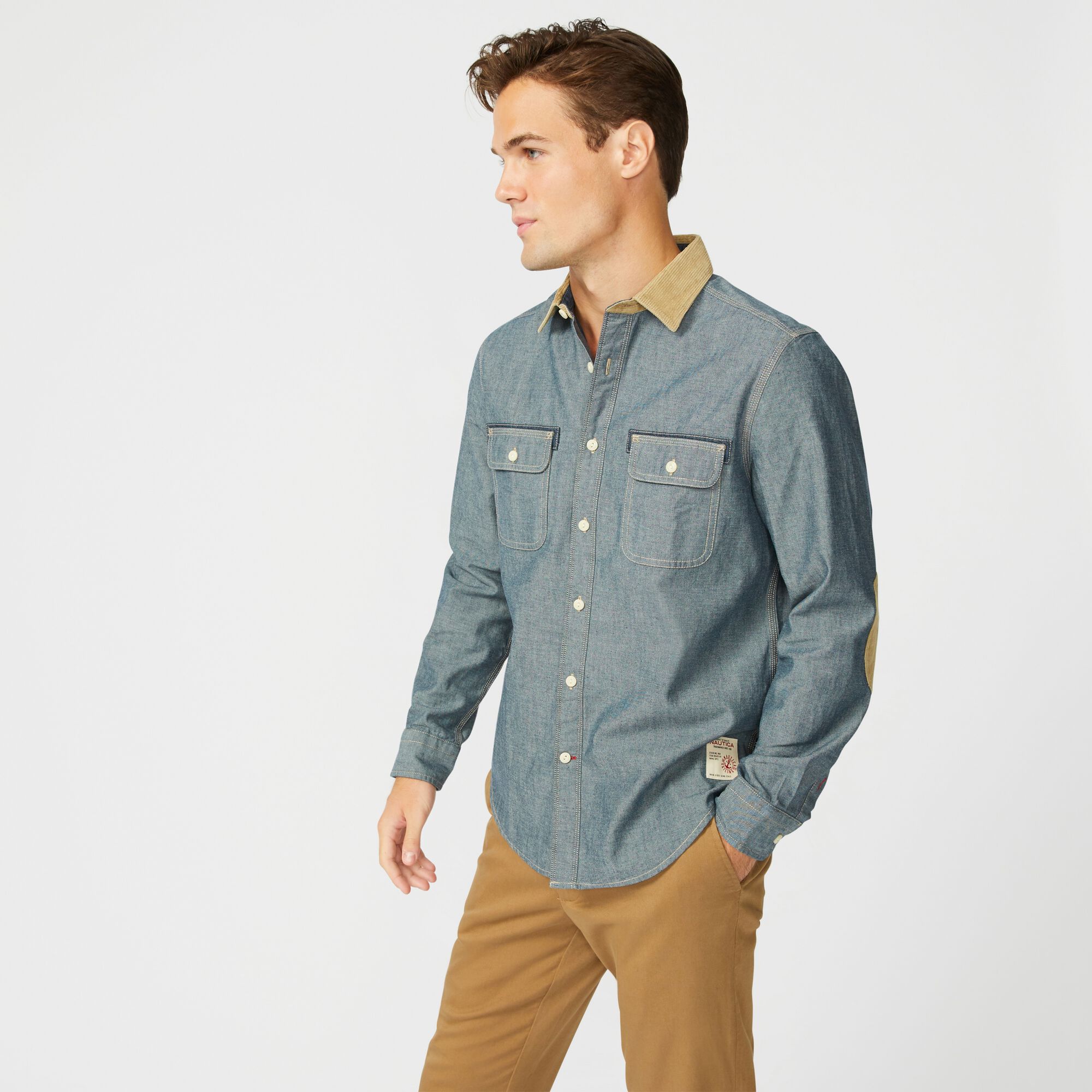 DENIM ELBOW PATCH SHIRT,Navy,large