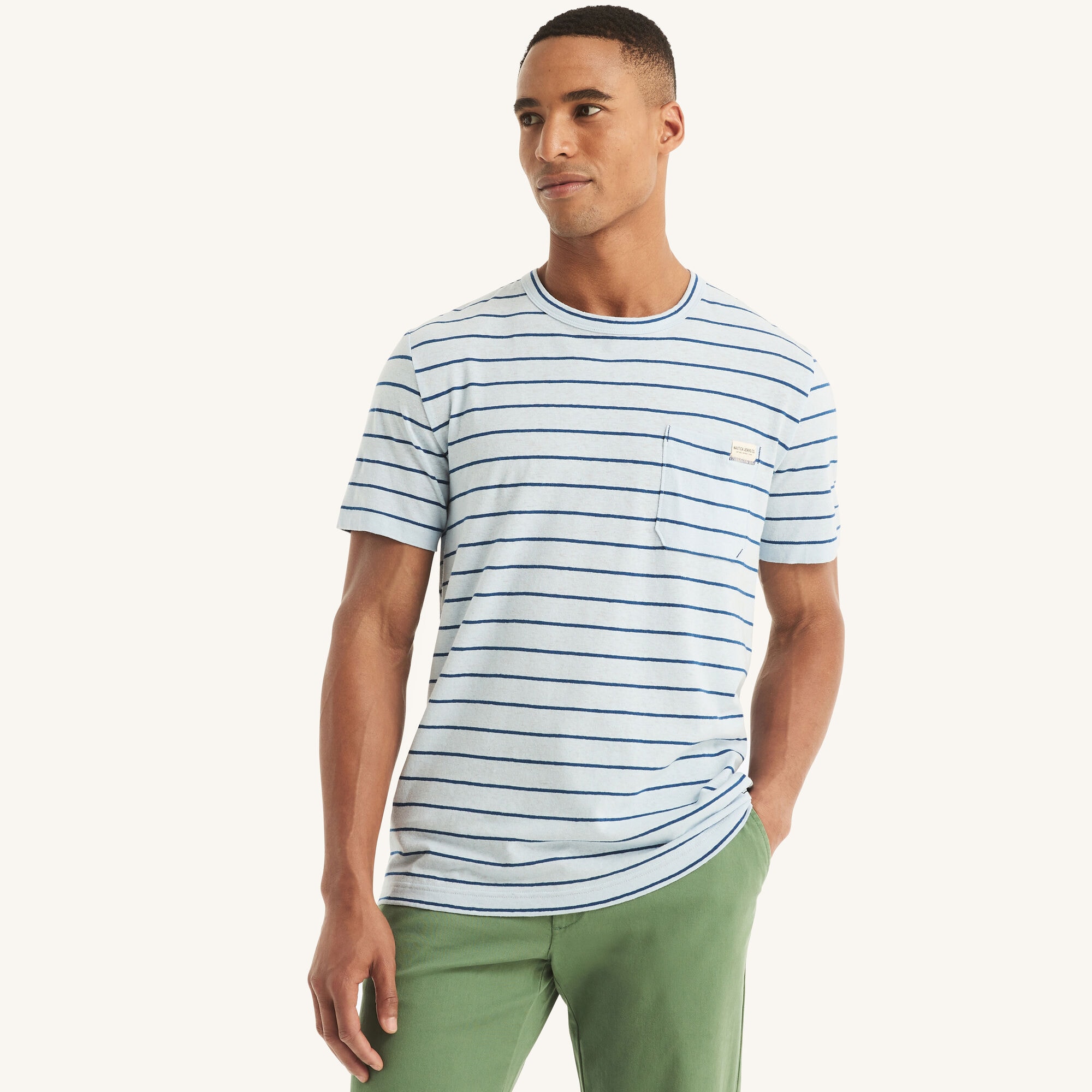 Nautica Jeans Co. Striped Linen Crewneck T-Shirt,Aquabreeze,large
