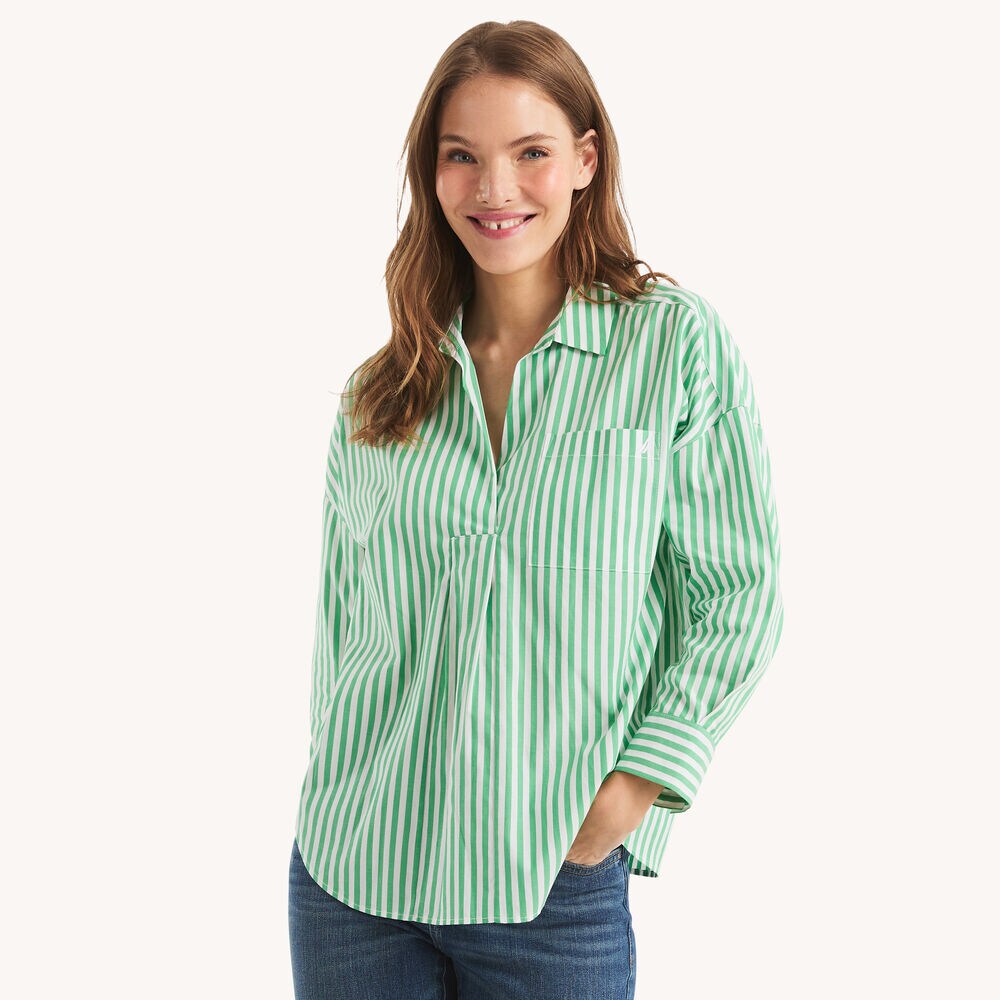 Striped Popover Top,Dark Dill,large