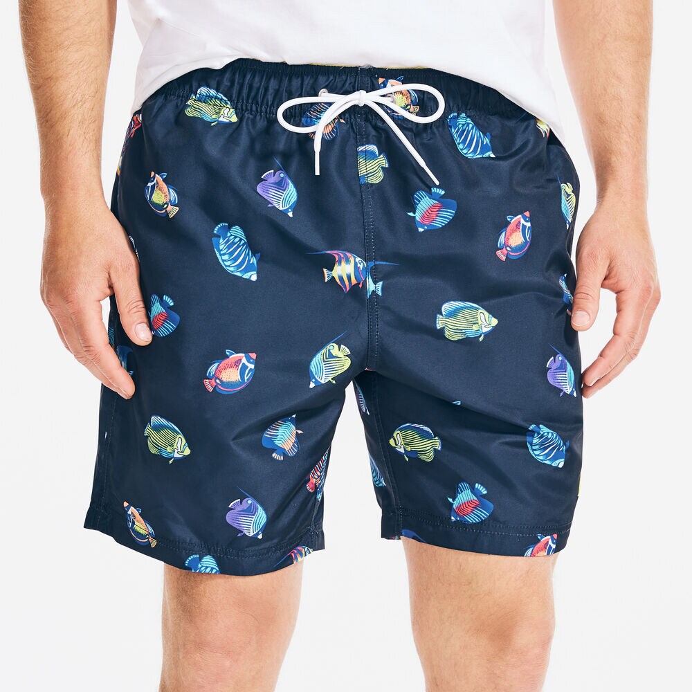 8" TROPICAL FISH PRINT SWIM SHORTS,Navy,large