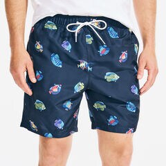 8" TROPICAL FISH PRINT SWIM SHORTS,Navy,large