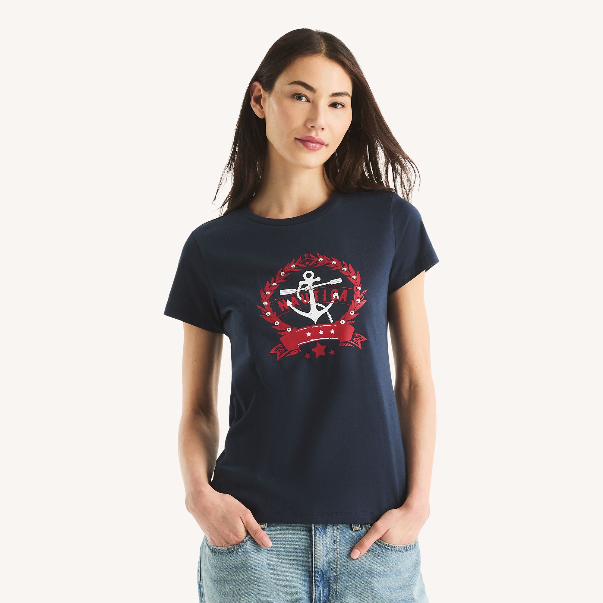 Studded Logo Anchor Graphic T-Shirt,Stellar Blue Heather,large