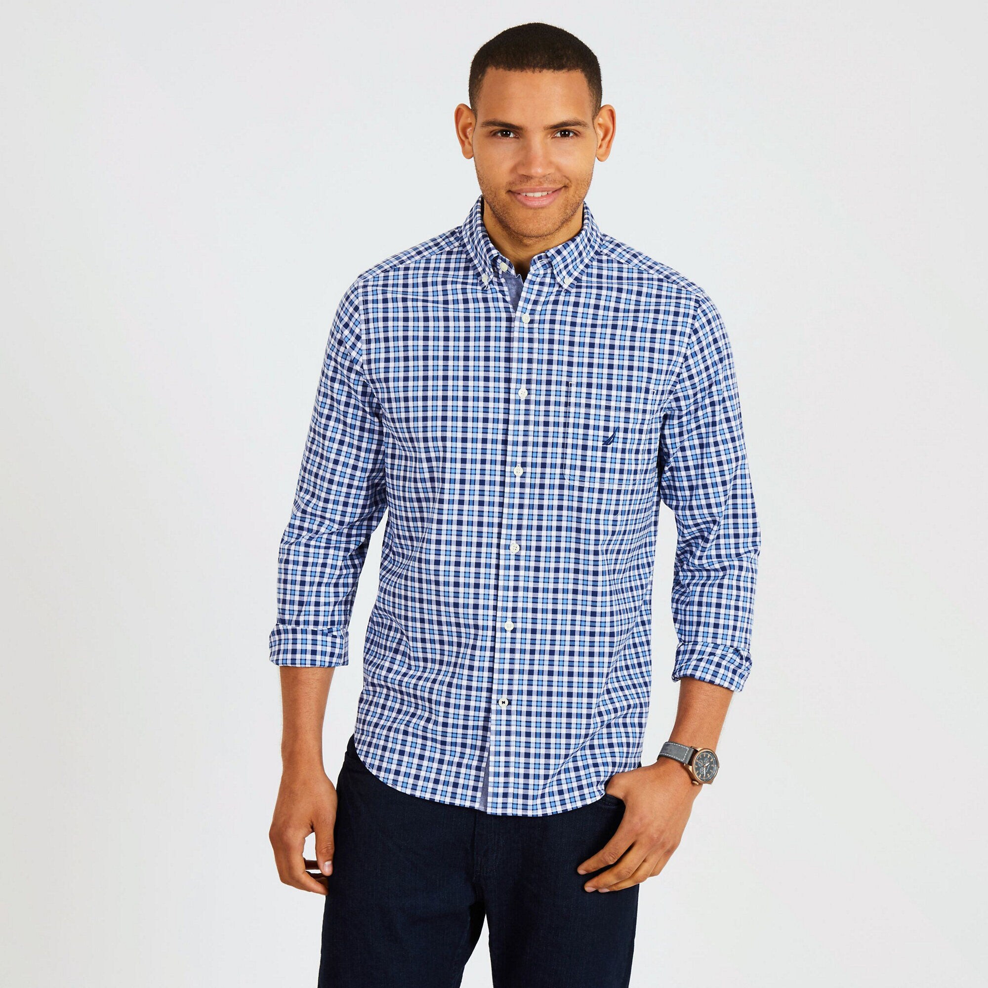 Classic Fit Plaid Long Sleeve Shirt,J Navy,large