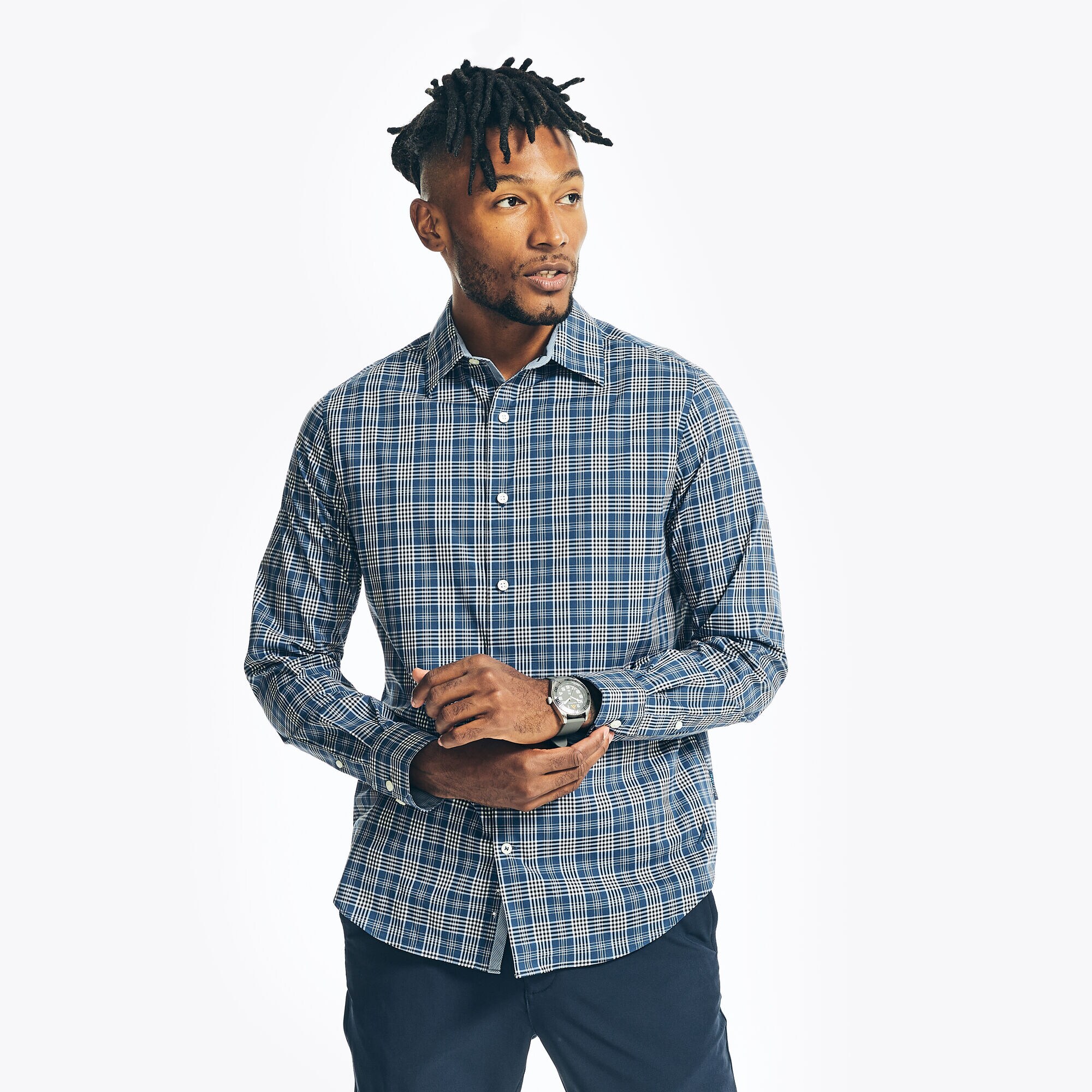 NAVTECH TRIM FIT PLAID SHIRT,Estate Blue,large