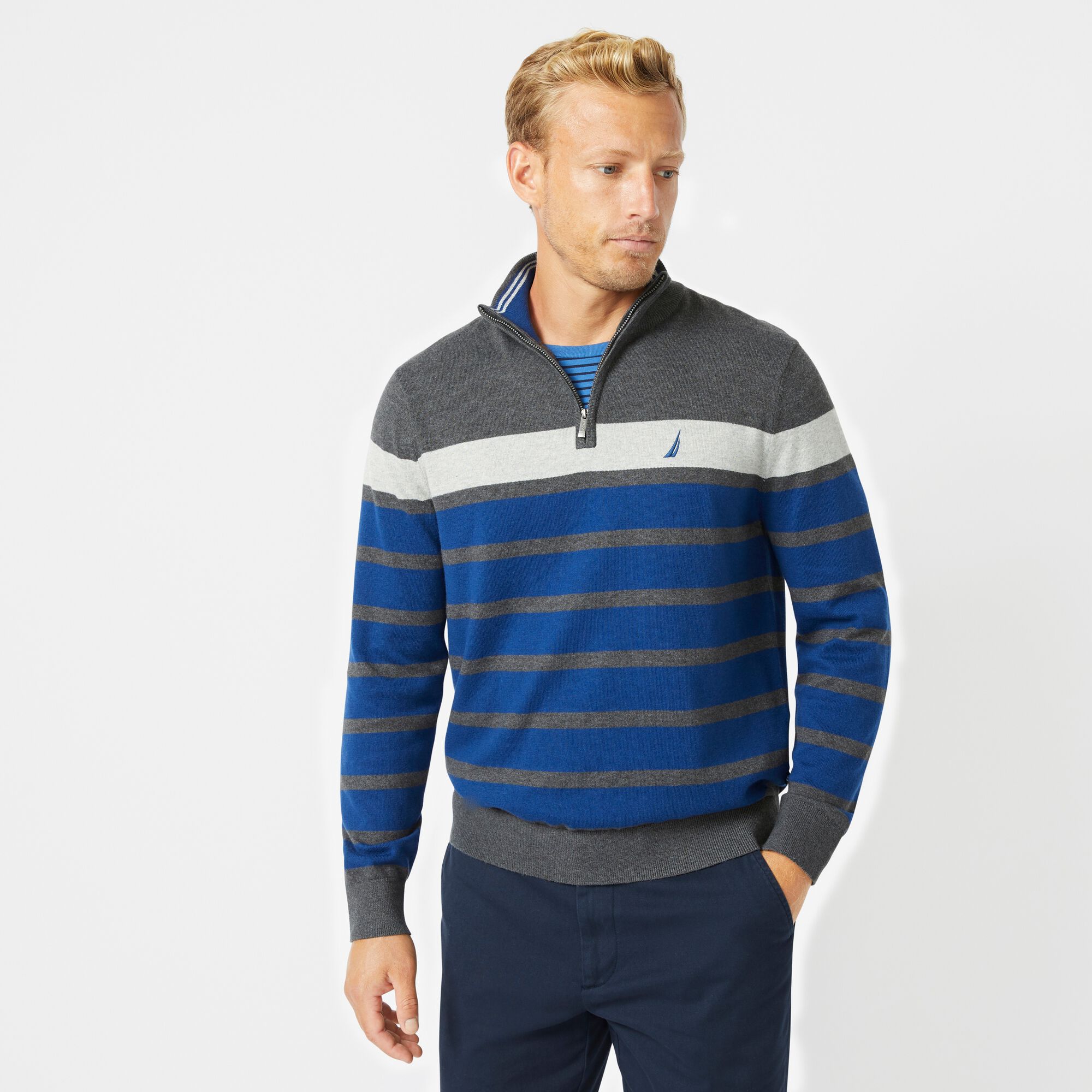 NAVTECH COLORBLOCK-STRIPED QUARTER-ZIP SWEATER,Charcoal Heather,large