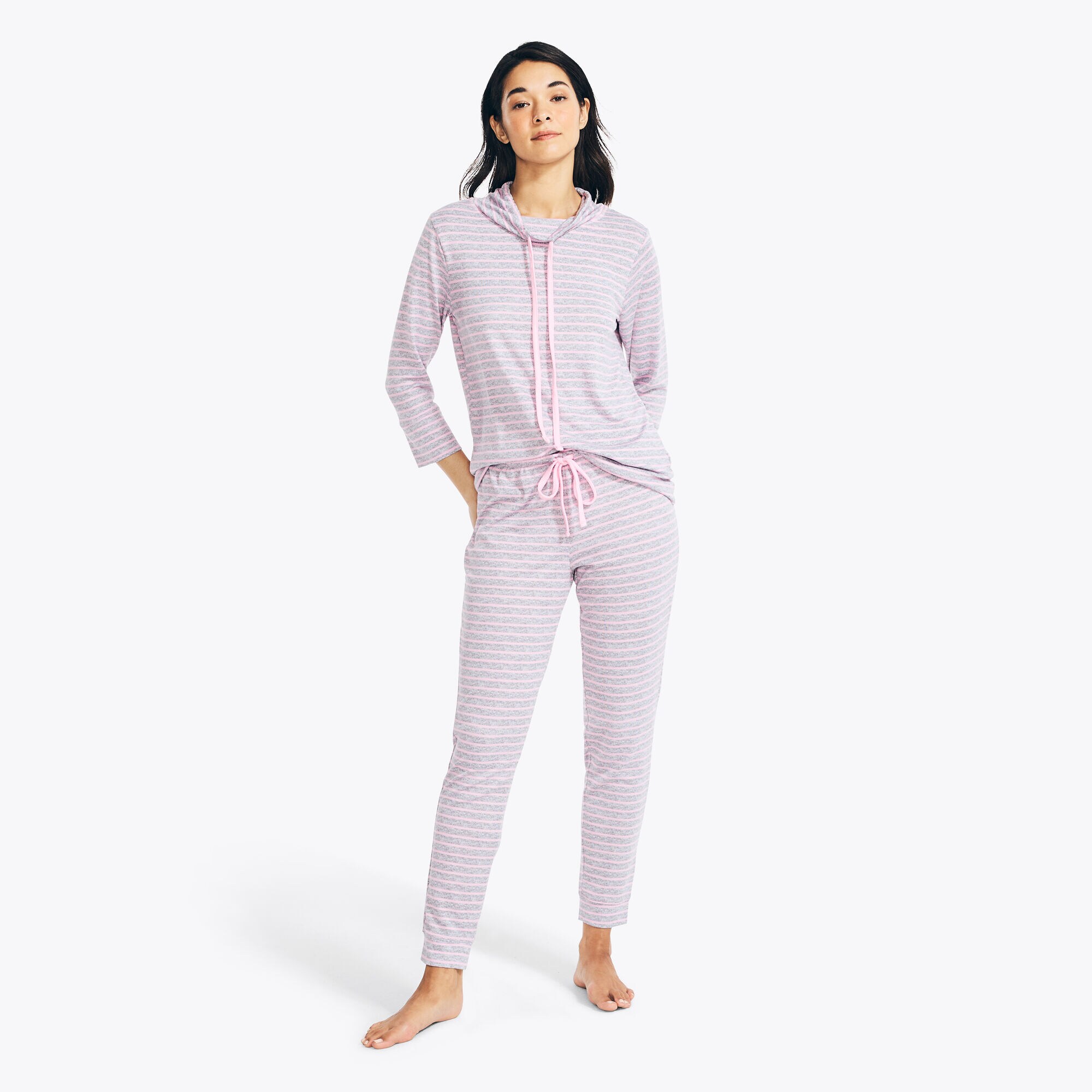 QUARTER-SLEEVE STRIPED JOGGER SLEEP SET,Octopus Grey,large