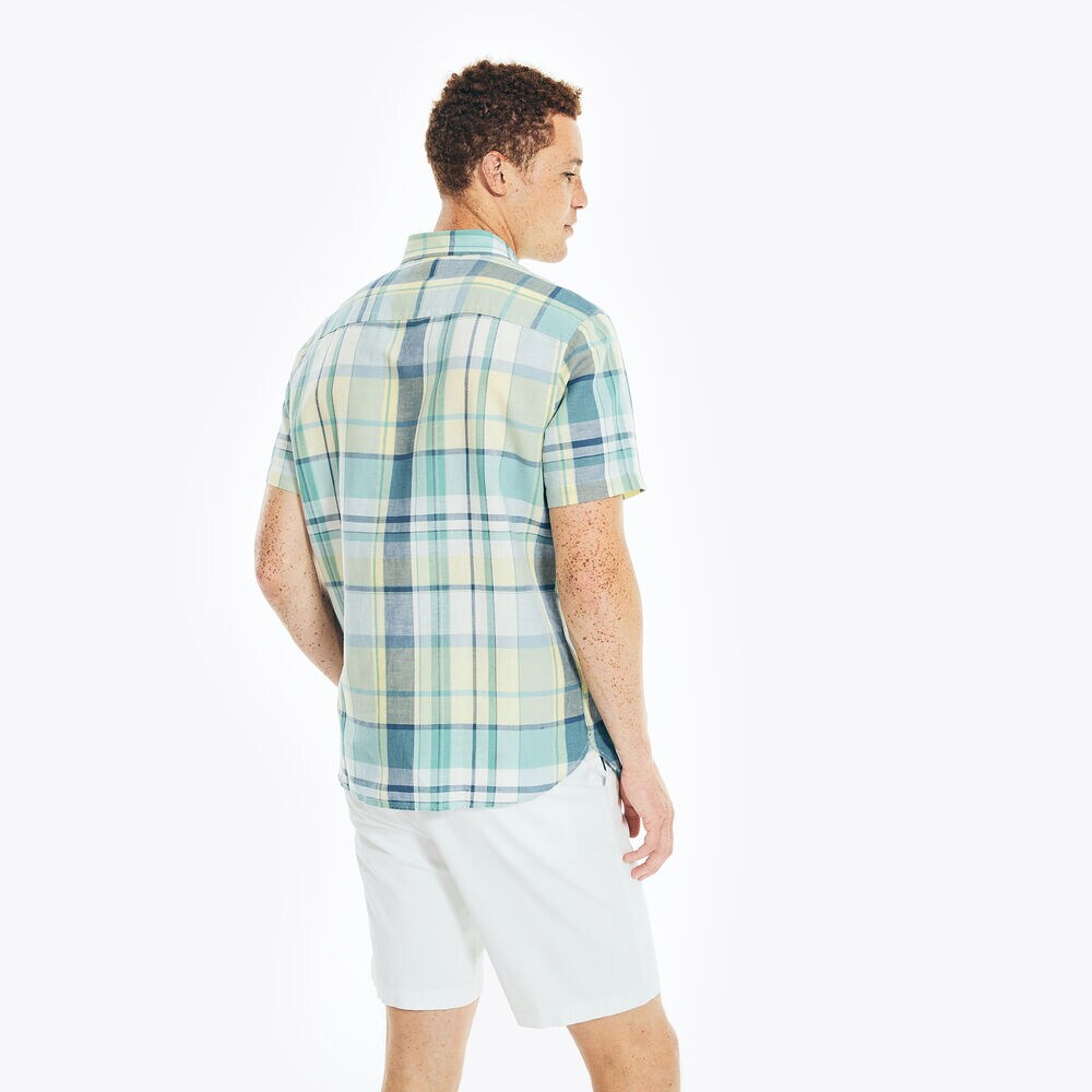 LINEN PLAID SHORT-SLEEVE SHIRT,Light Gold,large