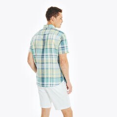 LINEN PLAID SHORT-SLEEVE SHIRT,Light Gold,large