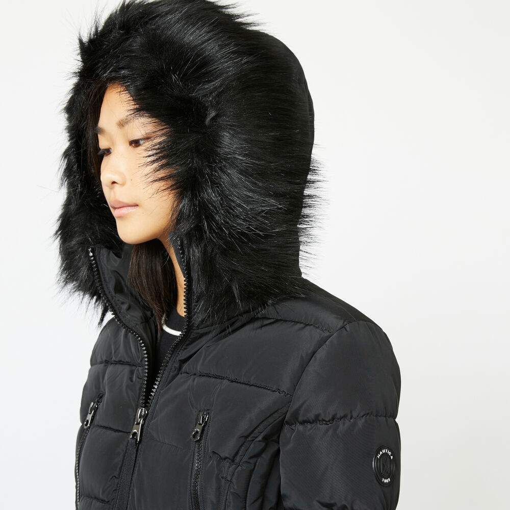 FAUX FUR TRIM HOODED BELTED PUFFER COAT,True Black,large
