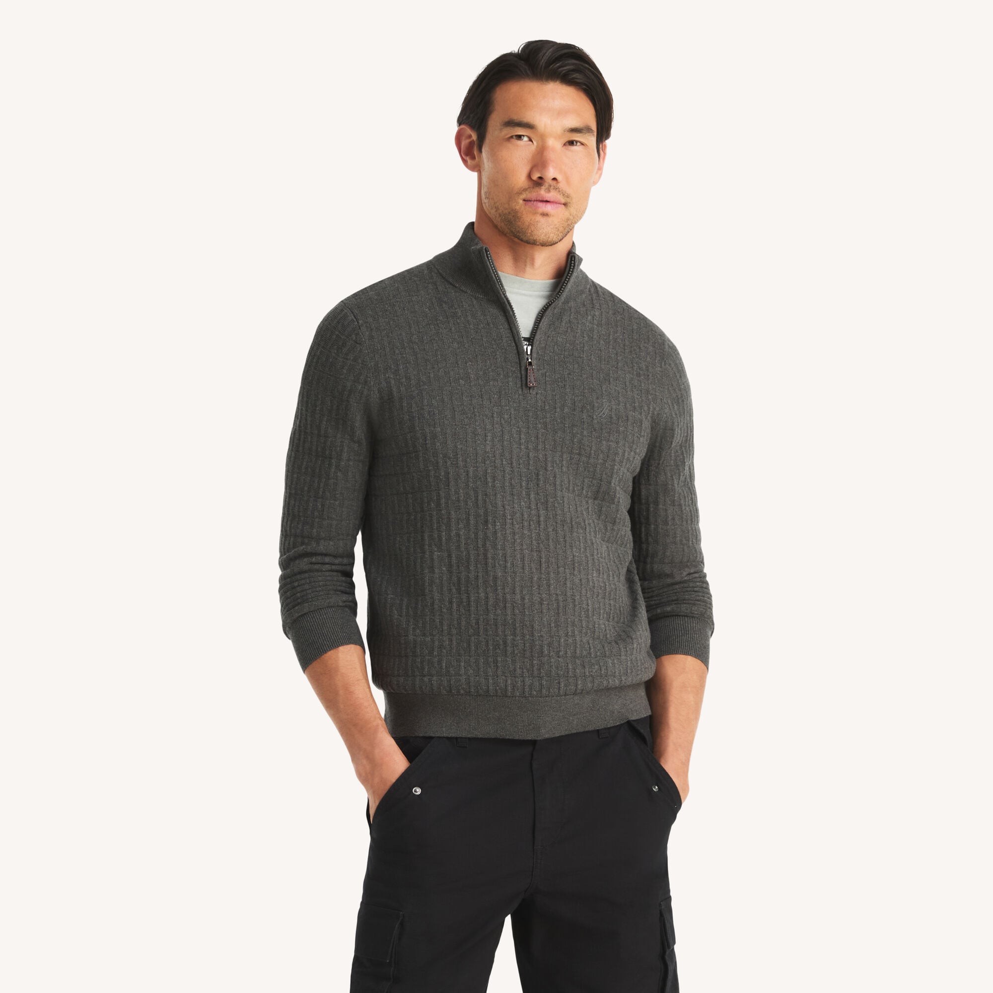 Textured Logo Quarter-Zip Sweater,Charcoal Heather,large