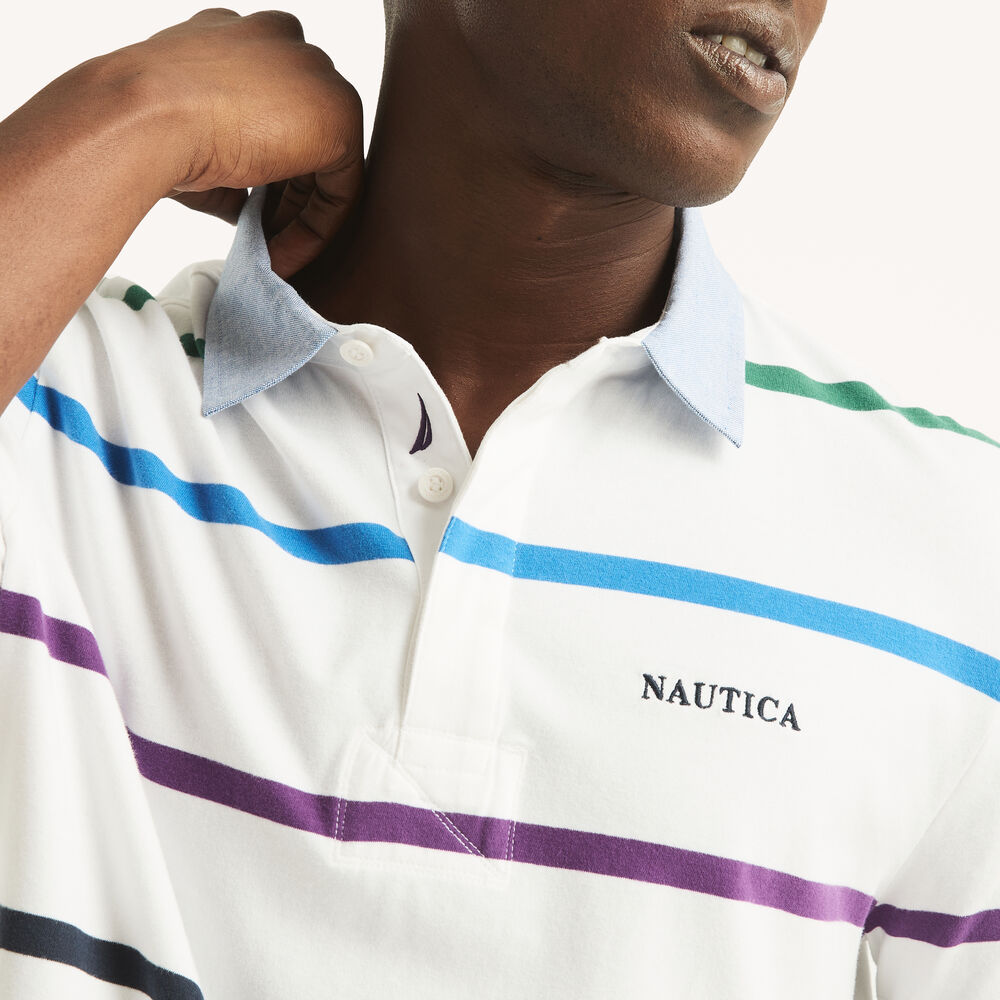 Classic Fit Striped Rugby Polo,Bright White,large