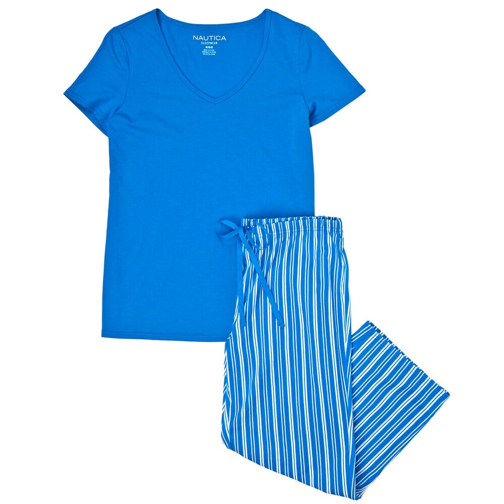 Striped Capri Pajama Pant Set,Star Turquoise,large
