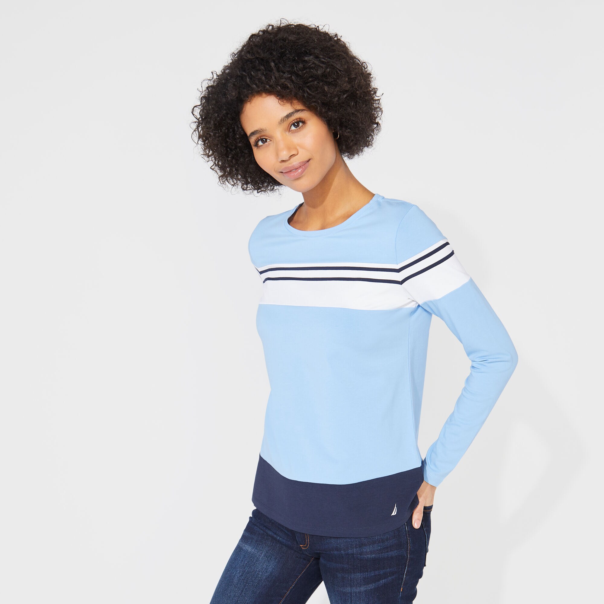 COLORBLOCK STRIPED KNIT TOP,Bolt Blue,large