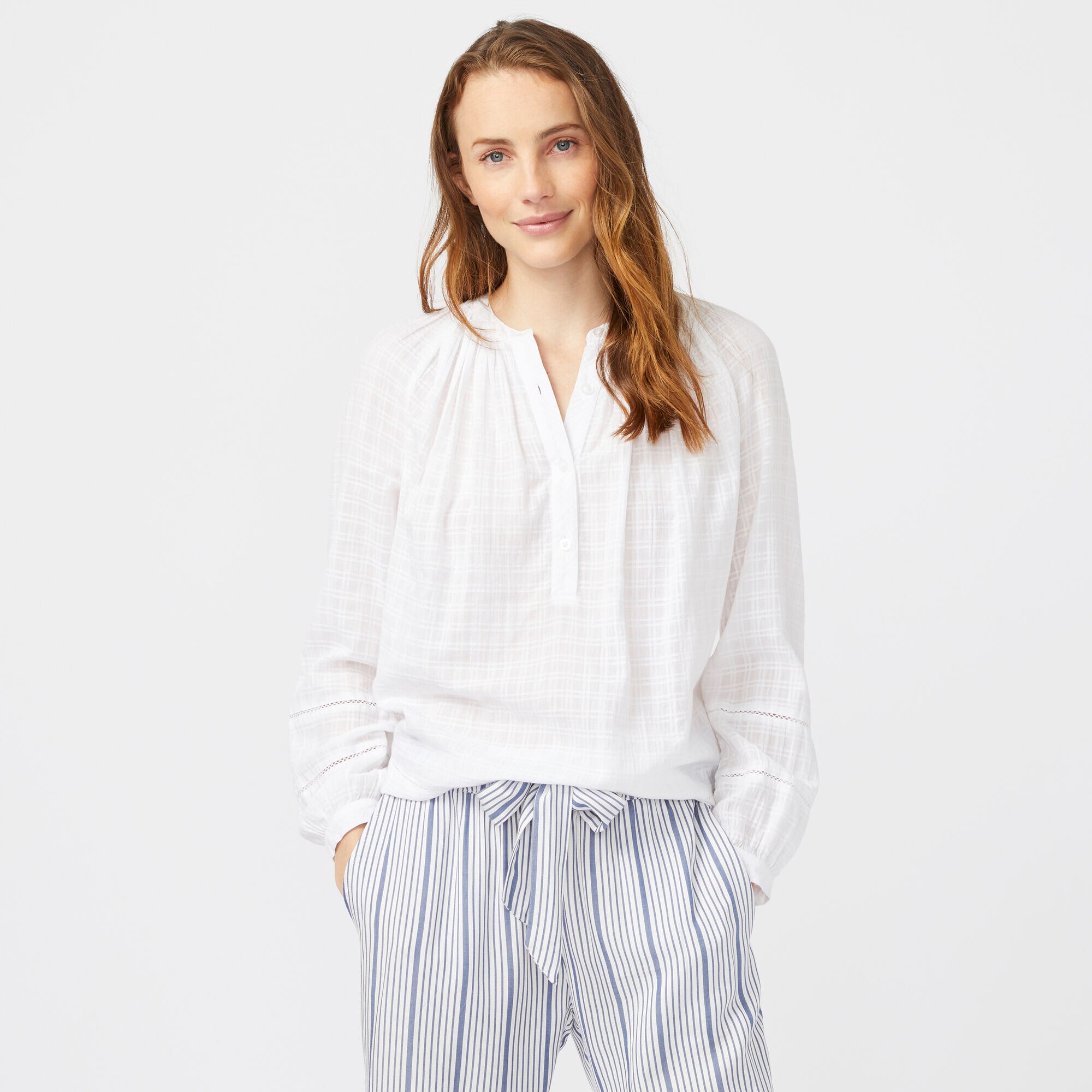 CROCHET-TRIMMED WINDOWPANE TWILL SHIRT,Bright White,large