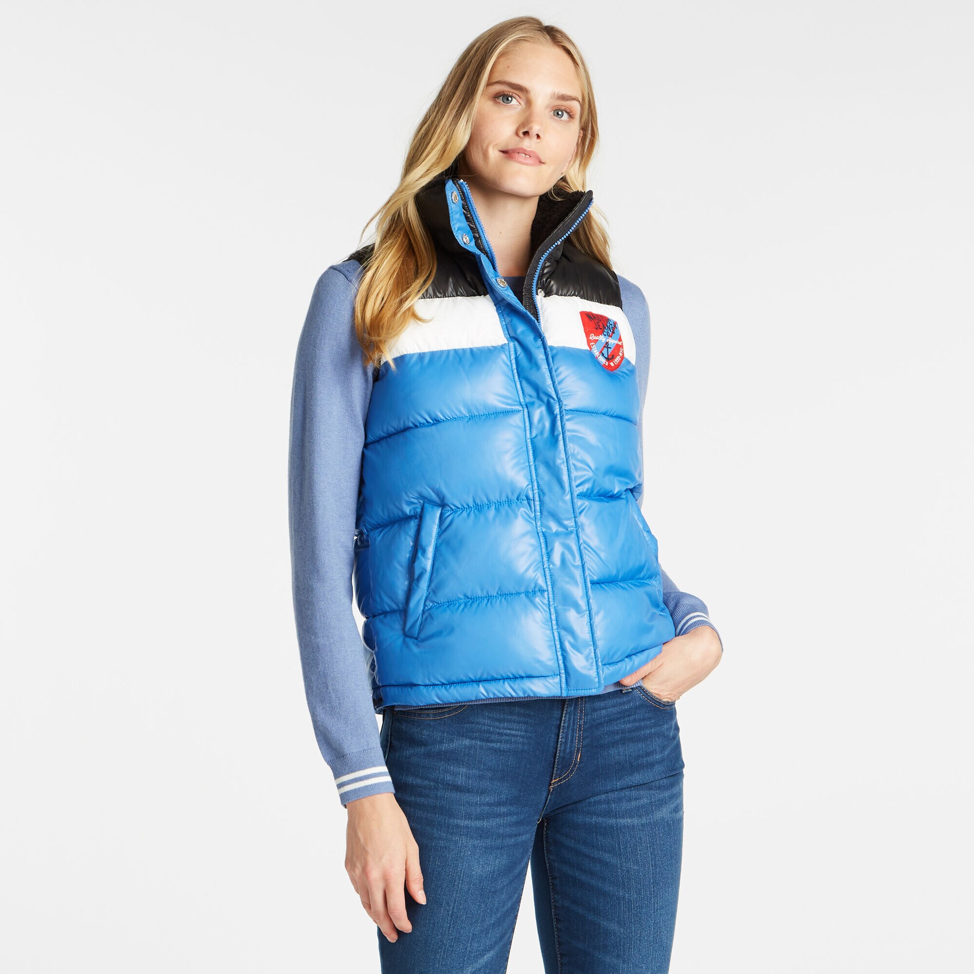 COLORBLOCK PUFFER VEST,Distressed Blue Wash,large