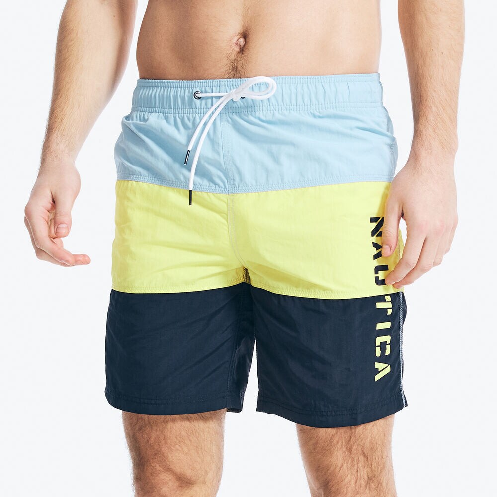 8" COLORBLOCK LOGO PRINT SWIM SHORTS,Cobalt Wave,large