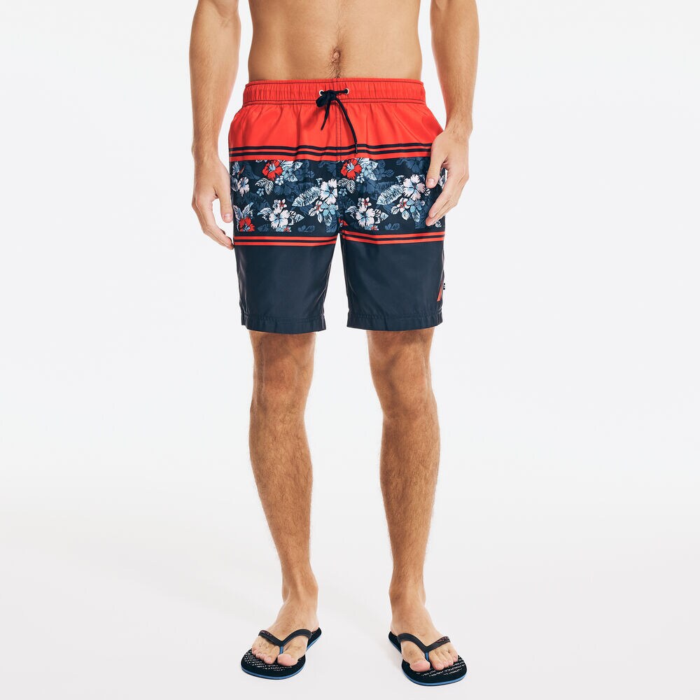 8" STRIPED FLORAL PRINT QUICK-DRY SWIM,Firey Red,large