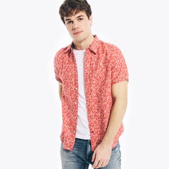 PAISLEY PRINT LINEN SHORT-SLEEVE SHIRT,Mineral Red,large