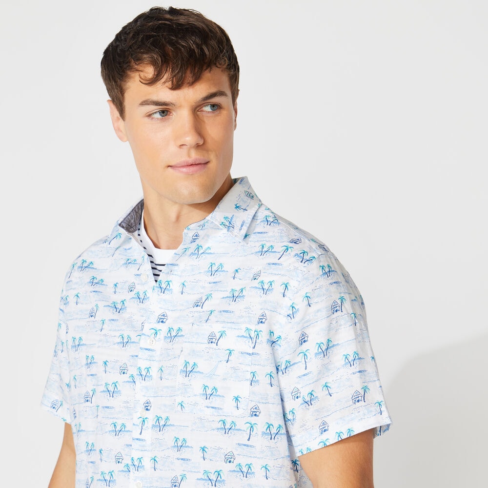 PALM PRINT LINEN SHORT SLEEVE SHIRT,Bright White,large