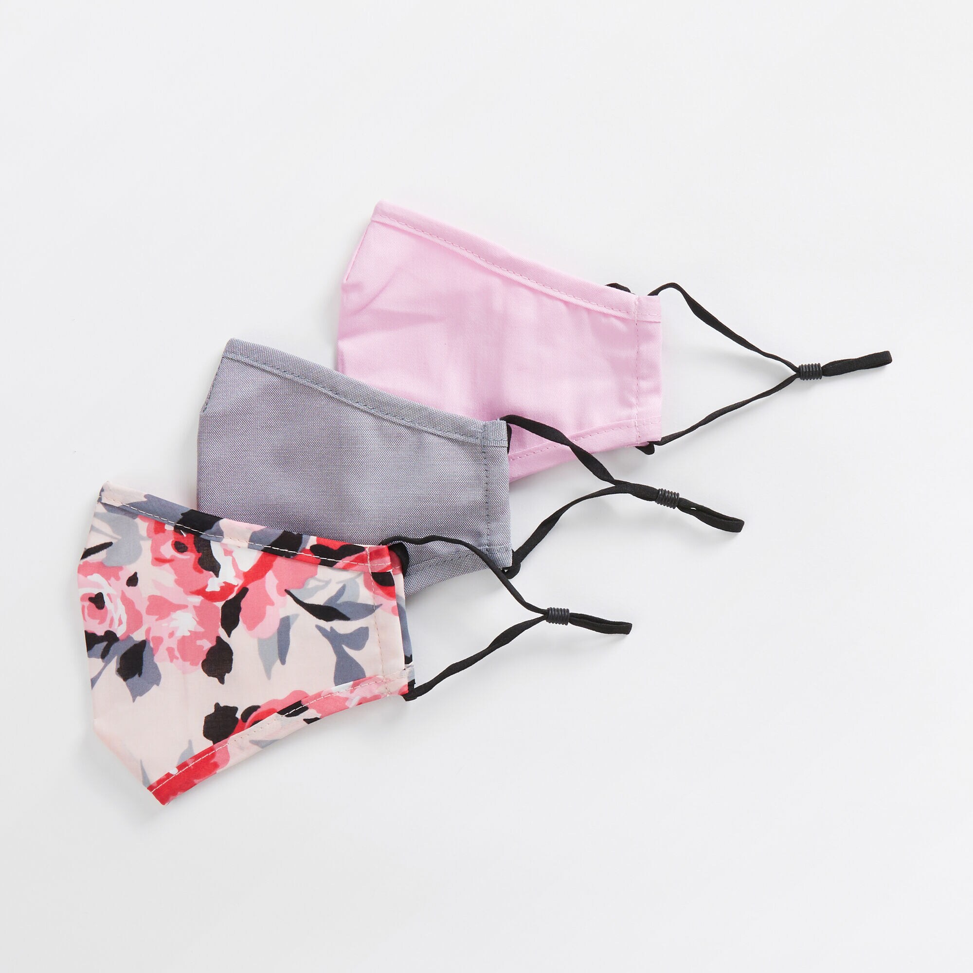FLORAL AND SOLID REUSABLE FACE MASK, 3 PACK,Multi,large