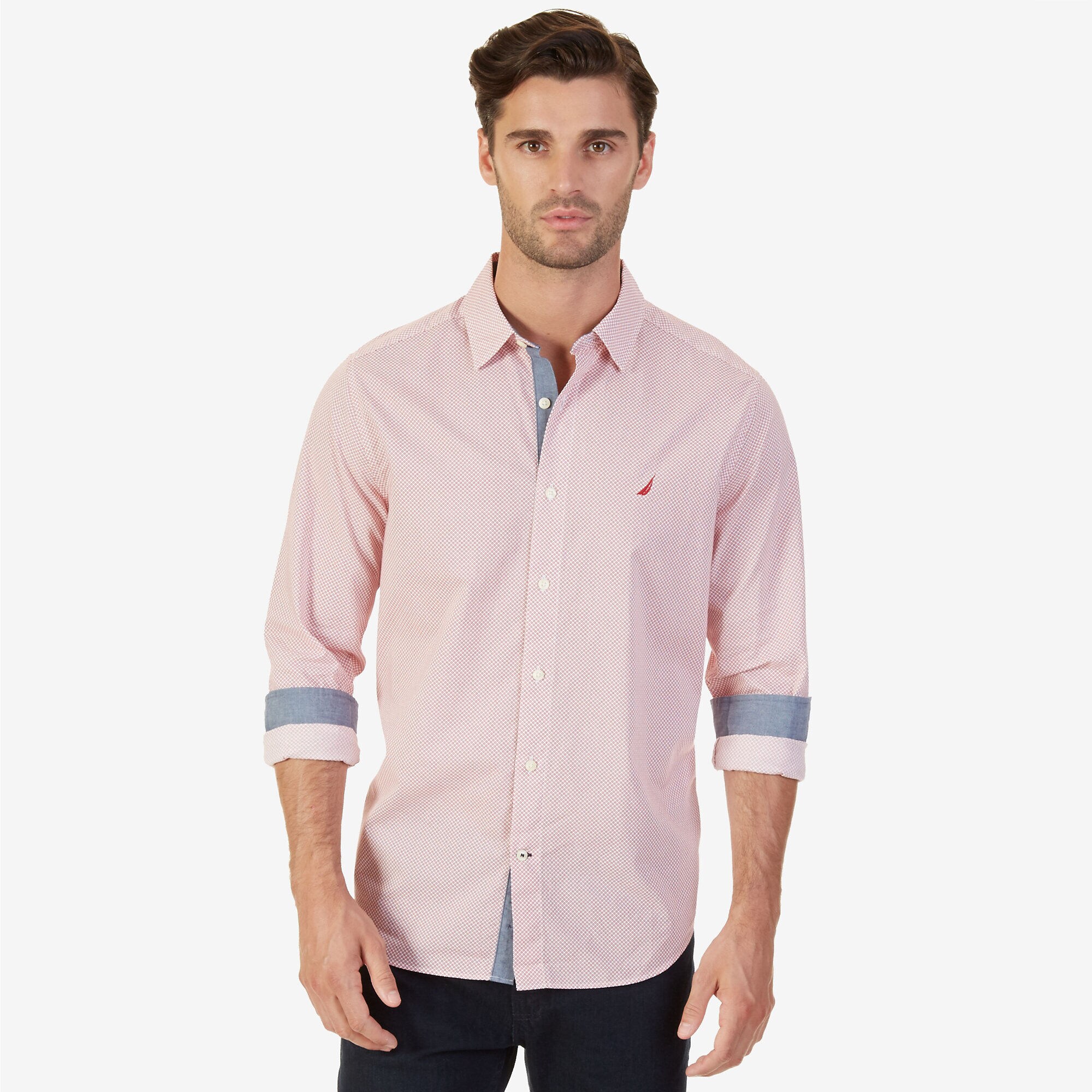 Classic Fit Long Sleeve Button-Down Printed Shirt,Nautica Red,large