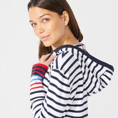 STRIPED SPLIT NECK PULLOVER HOODIE,Stellar Blue Heather,large
