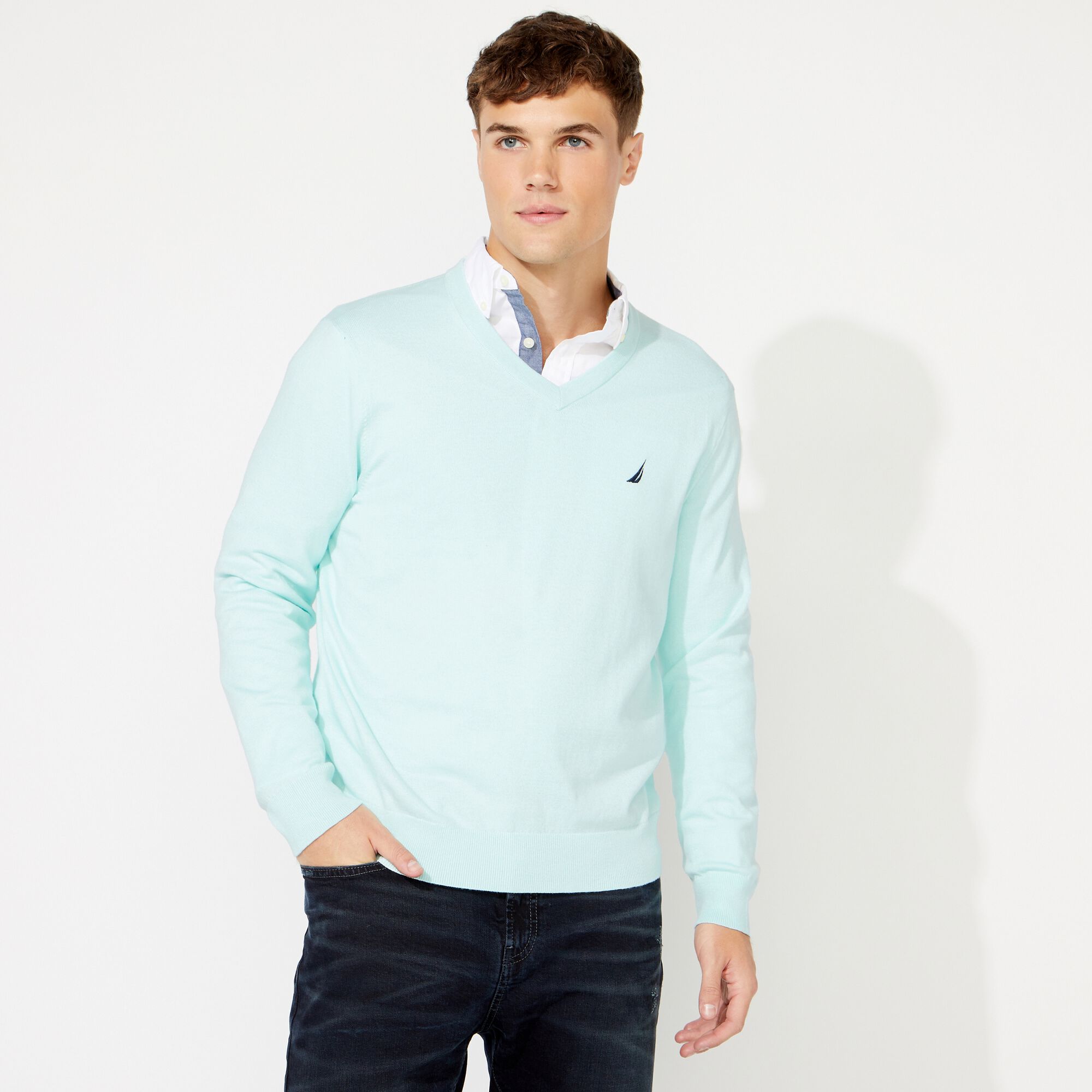 BIG & TALL NAVTECH V-NECK SWEATER,Aquabreeze,large