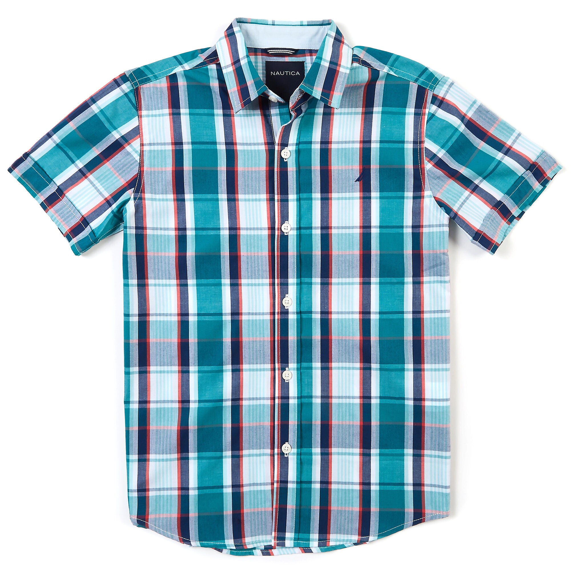 Little Boys' Short Sleeve Plaid Button-Down Shirt (4-7),Mahogany,large