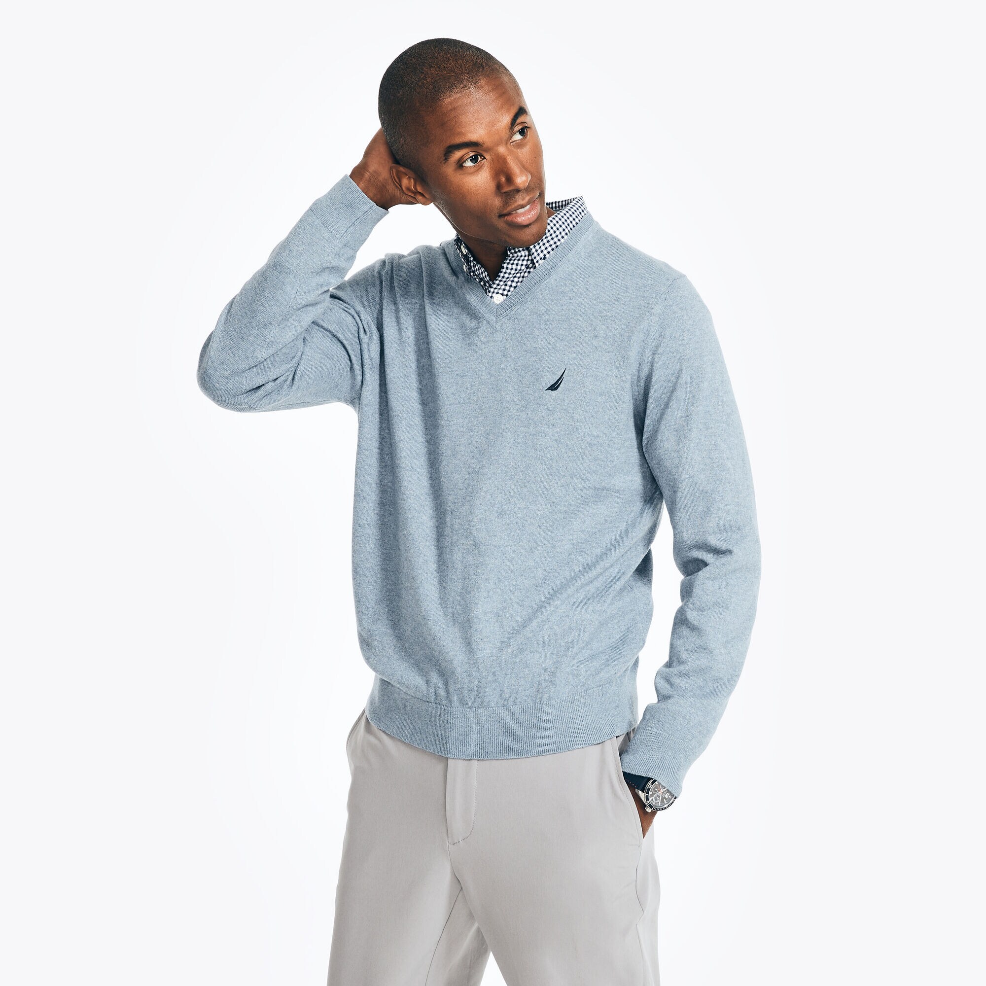 NAVTECH V-NECK SWEATER,Anchor Blue Heather,large