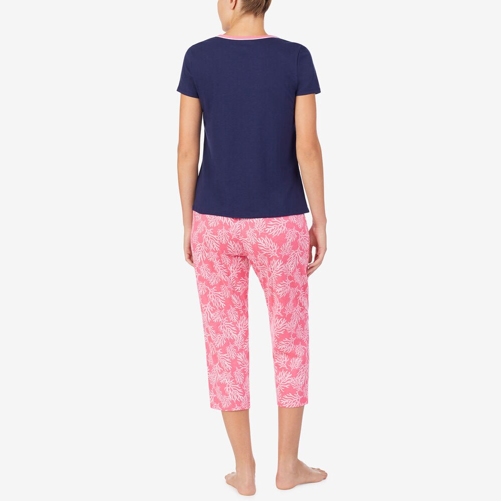 BRANCH PRINT V-NECK PANT PAJAMA SET,Neon Orange,large