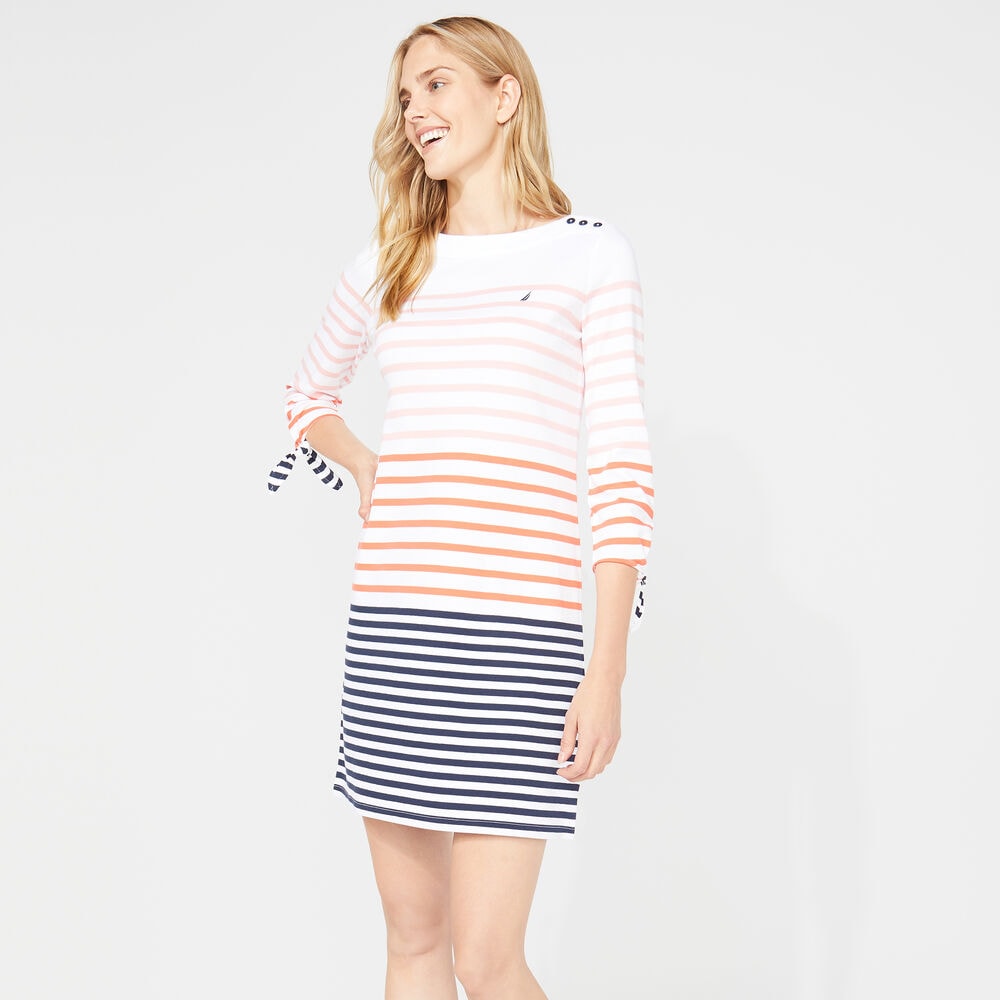 THREE-QUARTER SLEEVE STRIPE KNIT DRESS,Bright White,large