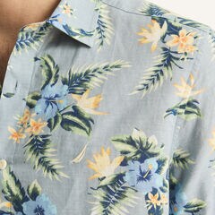 Printed Linen Short-Sleeve Shirt,Reef Blue,large