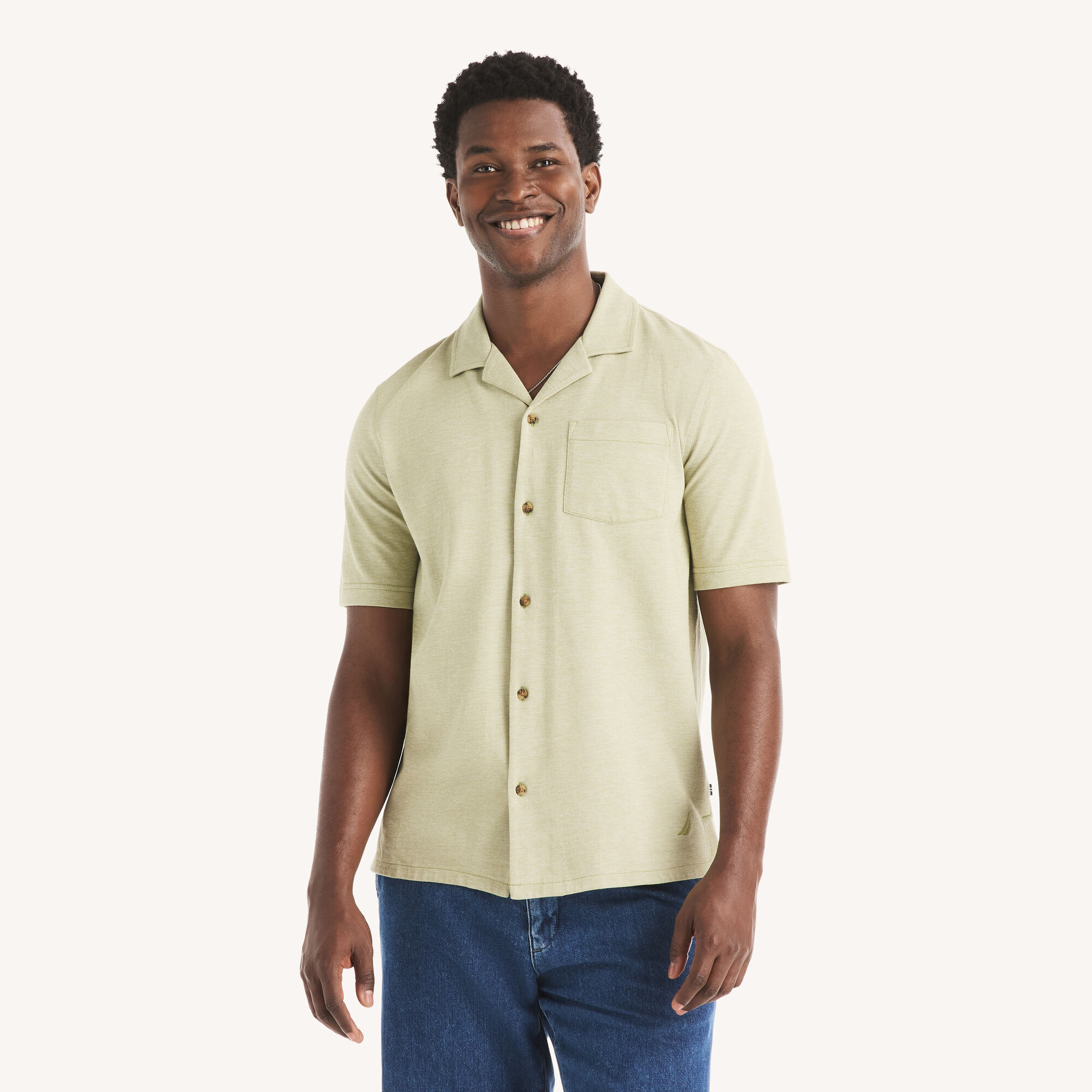 Classic Fit Button-Front Polo,Cactus,large