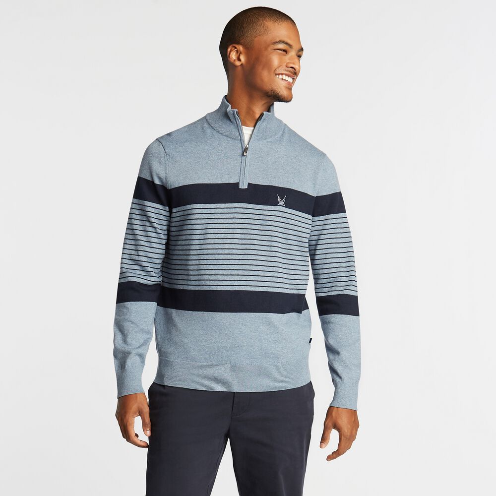 NAVTECH STRIPED QUARTER-ZIP SWEATER,Anchor Blue Heather,large