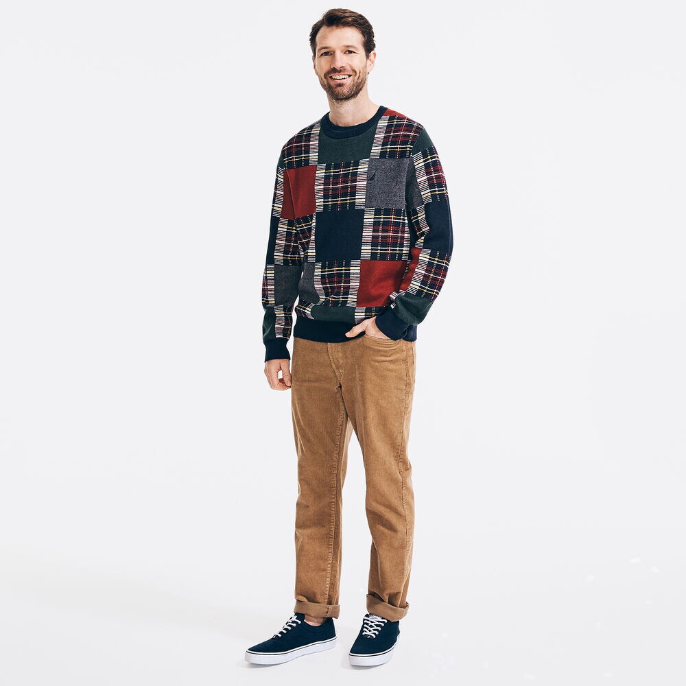 PLAID JACQUARD SWEATER,Navy,large
