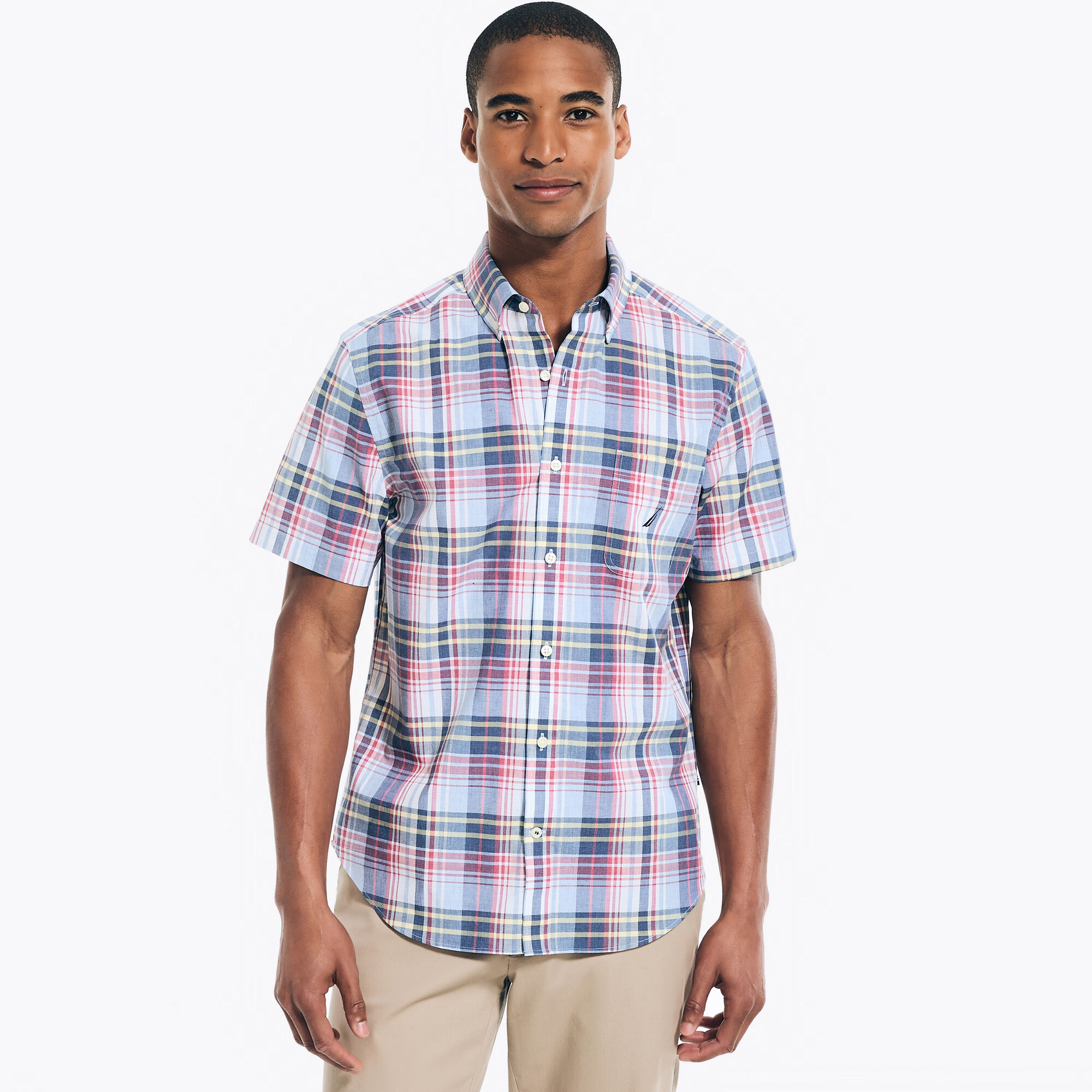 Big & Tall Heather Plaid Short-Sleeve Shirt,Sea Mist,large