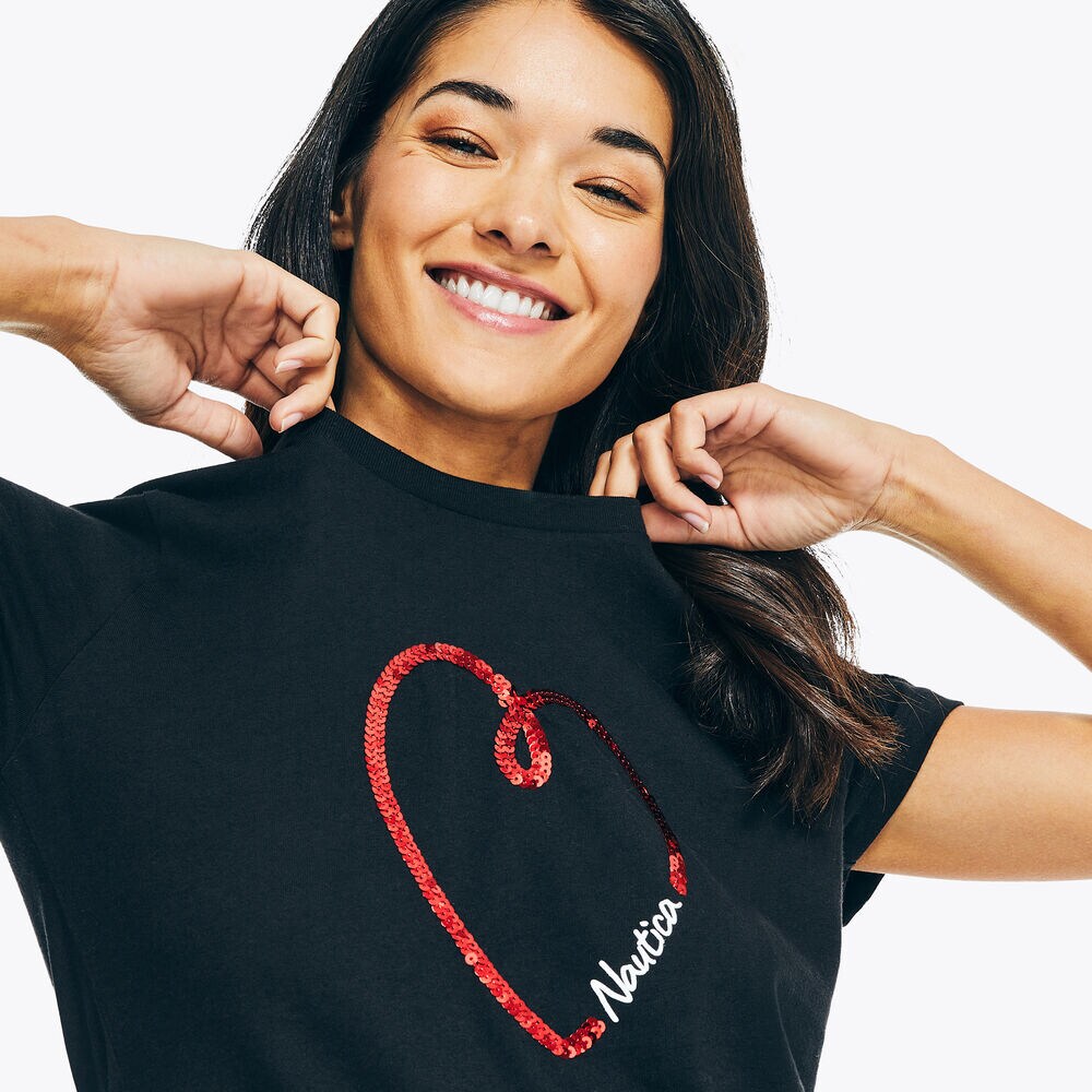 Sequin Valentine's Heart Puff Graphic T-Shirt,True Black,large