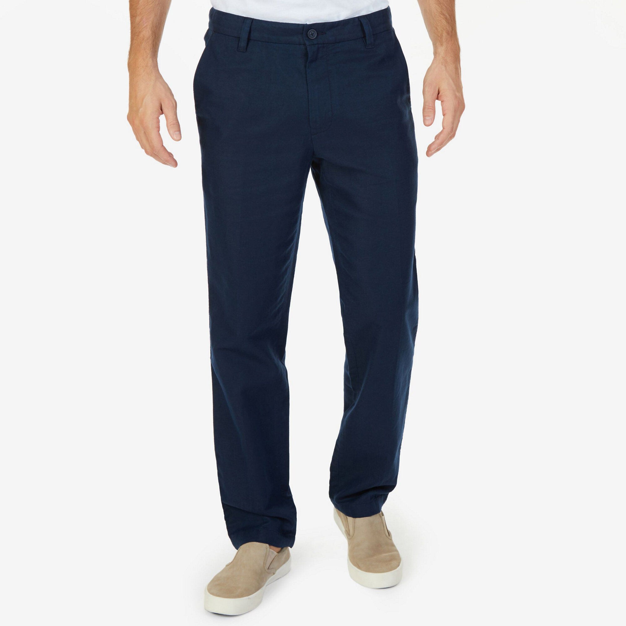 Flat Front Classic Fit Linen-Blend Pants,Navy,large