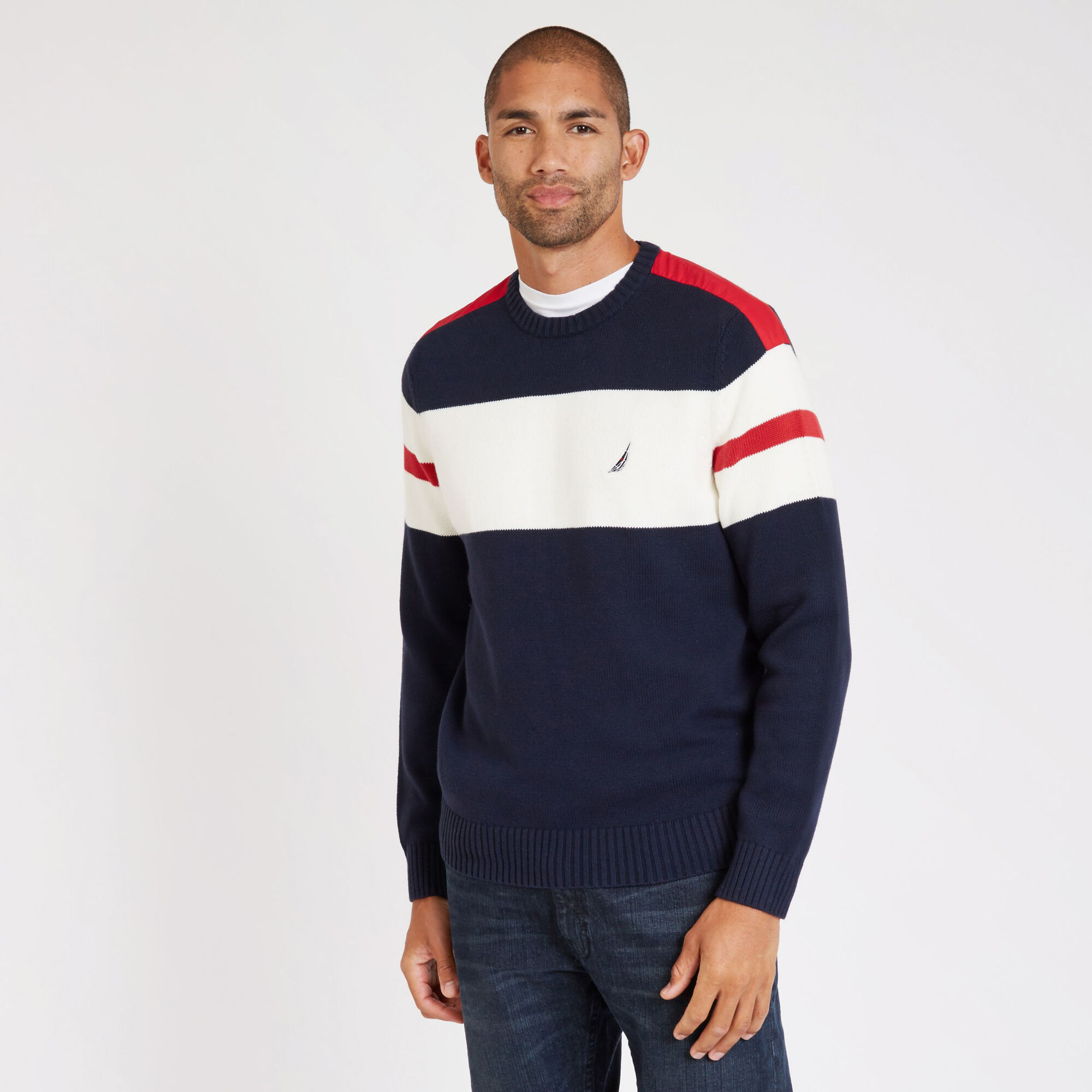 Big & Tall Challenger Crewneck Stripe Sweater,Navy,large